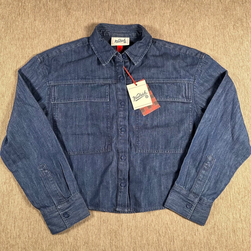 Woolrich x Target Women XXS Dark Rinse Denim Utility Shirt Cropped Button Down